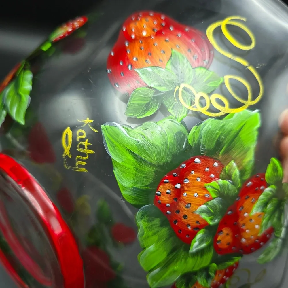Hand Painted Strawberry Glass Serving Salad Bowl Triangular‎ Ruffled Clear Red